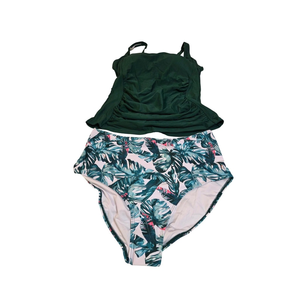 B2PRITY Womens Forest Green Two Piece Swimsuit Ruched Wrap V Neck Size L NWT